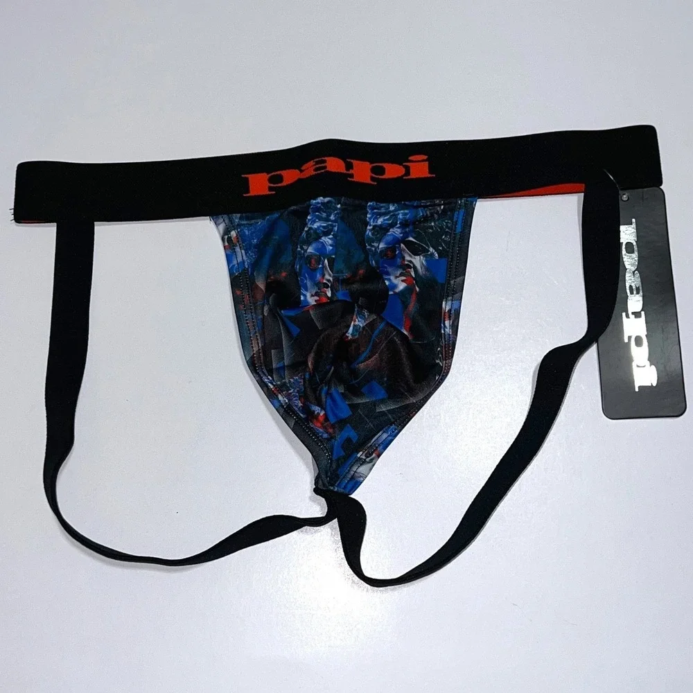 Papi Mens Graphic Print Jockstrap Black Blue Red Athletic Supporter Size M NEW